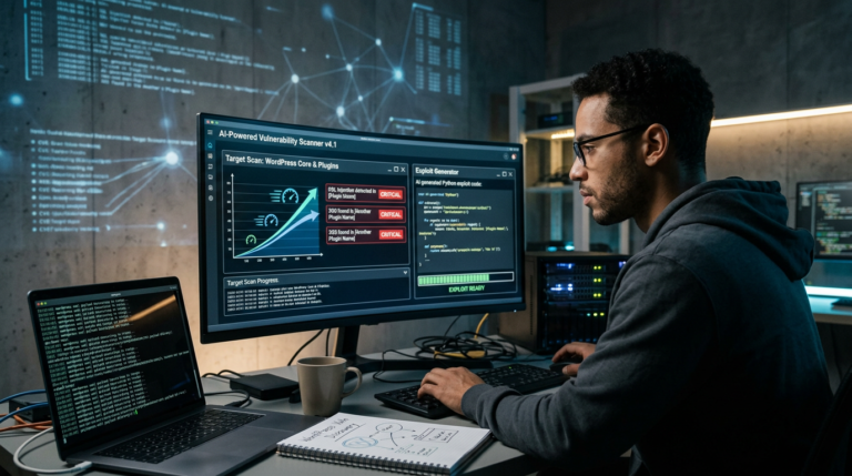 Cybersecurity analyst reviewing AI-powered vulnerability scan results